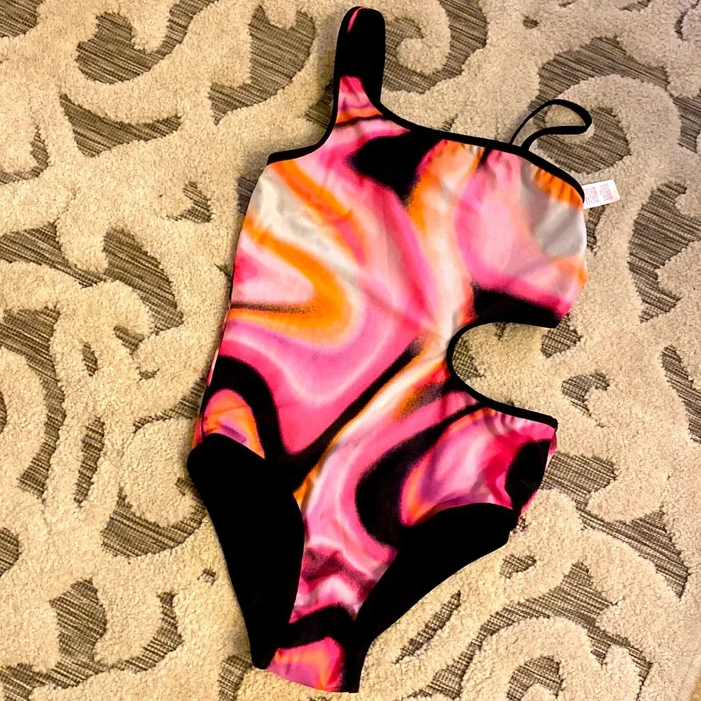 New! Justice marble Swirl Girls One Piece Cut Out REVERSIBLE Swimsuit | Size L